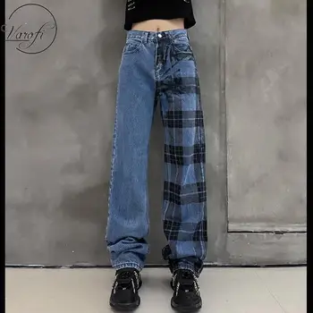 Varofi Emendados verificada de cintura alta jeans xadrez jeans y2k calças de brim das mulheres jeans com patchwork de jeans wide leg jeans xadrez jeans