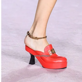 Vermelho Branco Preto Fivela de Ouro de Salto Alto Slides para as Mulheres de pele de Carneiro de Couro Feminina de Sapatos de Vestido Bombas