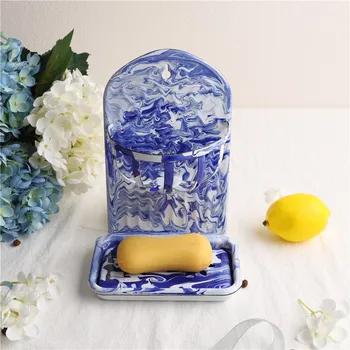 Vintage Azul De Esmalte Branco Saboneteira Titular Esponja De Cozinha Decoração