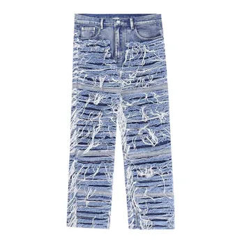 Vintage Rasgado Buracos Lavado Calças Jeans Streetwear High Street Preto Azul Denim, Calças Para Os Homens Com Zíper No Tornozelo