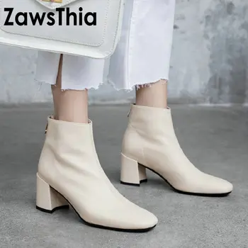 ZawsThia 2022 inverno primavera real de couro genuíno mulher bombas de sapatos de pés quadrados de bloco de salto alto tornozelo botas de senhoras elegantes botas